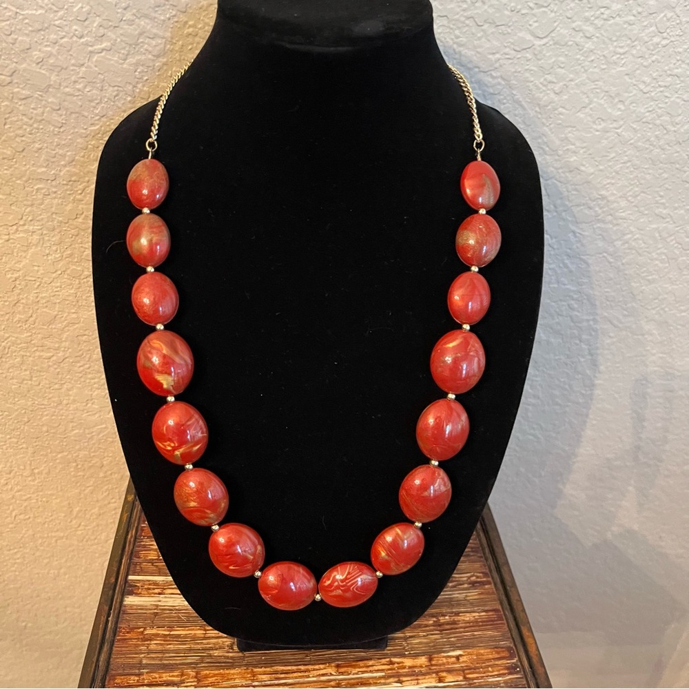 Vintage Red Beaded Necklace with Textured Finish signed letter C